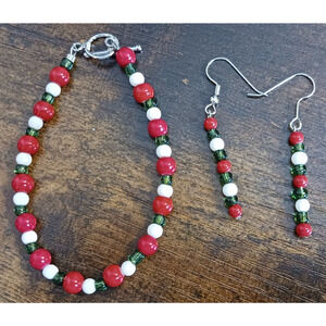 Handcrafted Red Green White Bracelet and Earrings Set Womens Fashion Jewelry